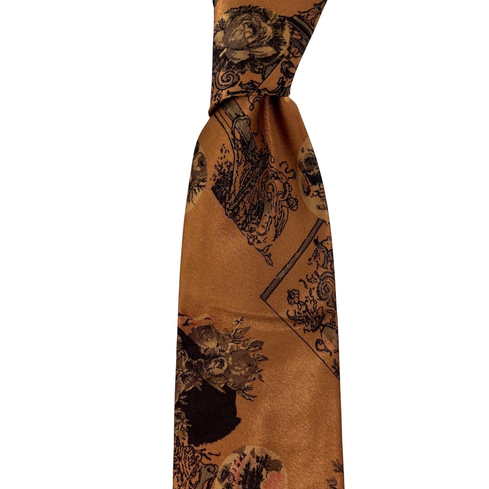 Picasso Vintage Gold Jagad Silk Hand Made Necktie Print Floral Crest Pattern 54"